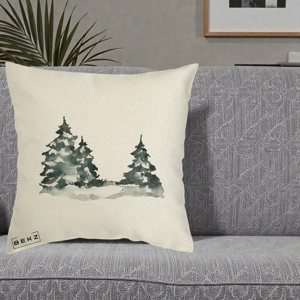 Perna Decorativa Brazi Inzapeziti Acuarela, 40x40 cm, Ecru, Husa Detasabila, Perna Inclusa, BEKZ®