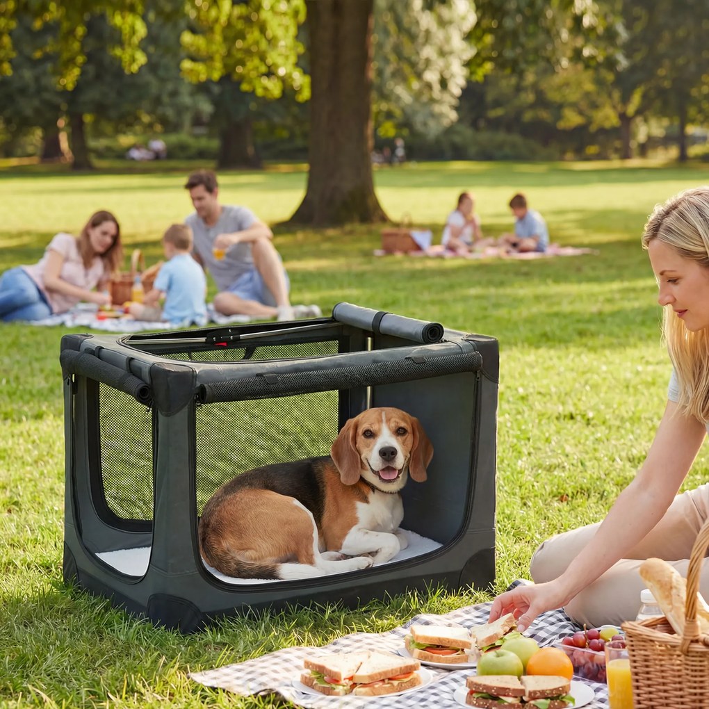 PawHut Cușcă de Transport Pliabilă pentru Câini și Pisici cu Pernă, Husă Lavabilă, Uși, din Oxford Respirabil 600D, 76x54x54 cm, Verde | Aosom Romania