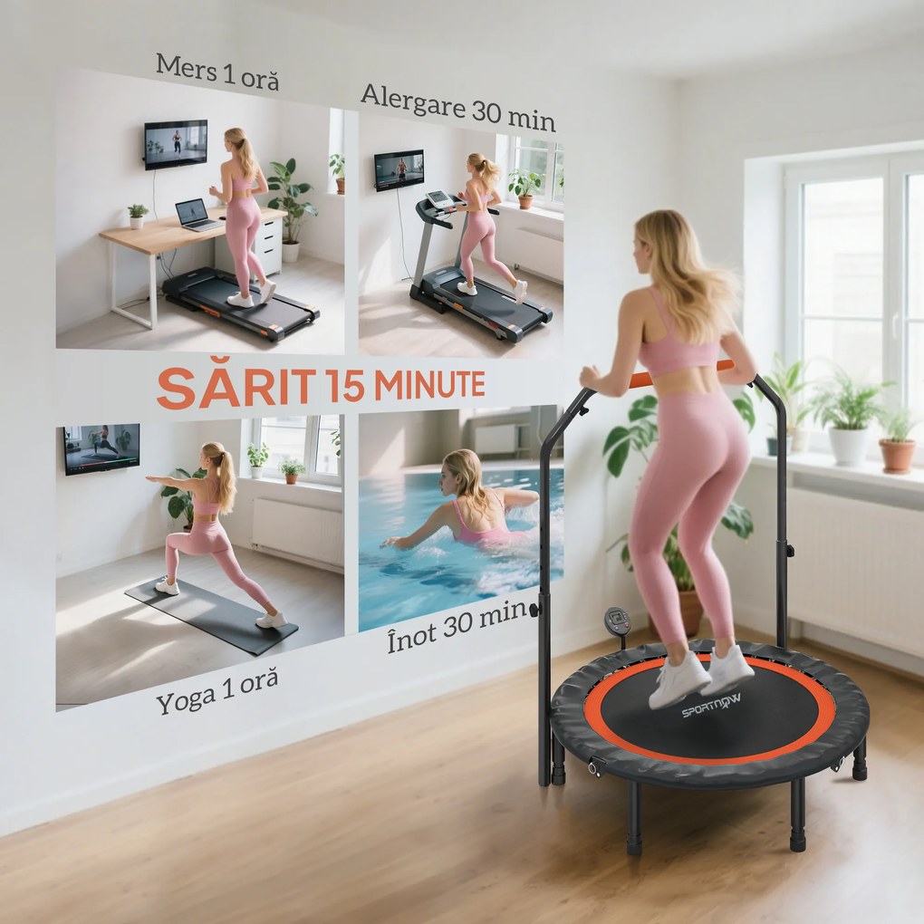 HOMCOM Trambulină Elastică Pliabilă cu Mâner Reglabil și Monitor LCD, Ø102x99-123 cm, Negru | Aosom Romania