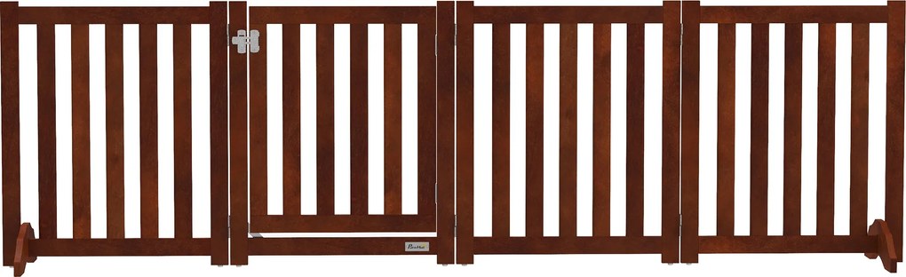 PawHut Barieră de siguranță câine pliabilă dublă față din lemn, 4 panouri cu ușă, picioare de suport, 205 x 60 cm, maro | Aosom Romania