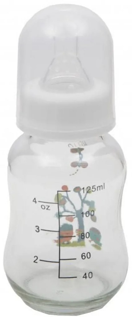 Biberon din sticla cu capac Cangaroo™ Hello, 0 luni+, 120 ml, 4 masuri, sistem anti colici, tetina lapte, Alb