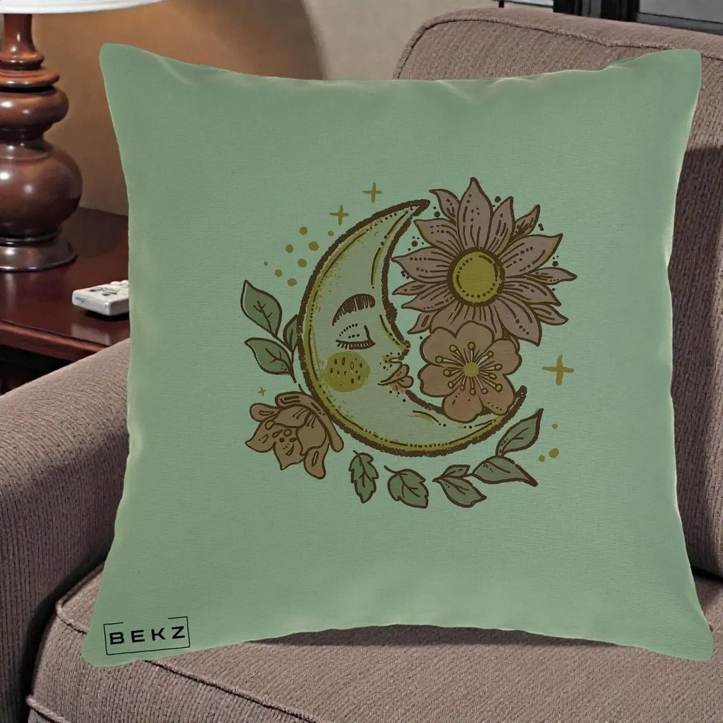 Perna Personalizata Luna Boho Chip Floral, 40x40 cm, Verde, Husa Detasabila, Perna Inclusa, BEKZ®