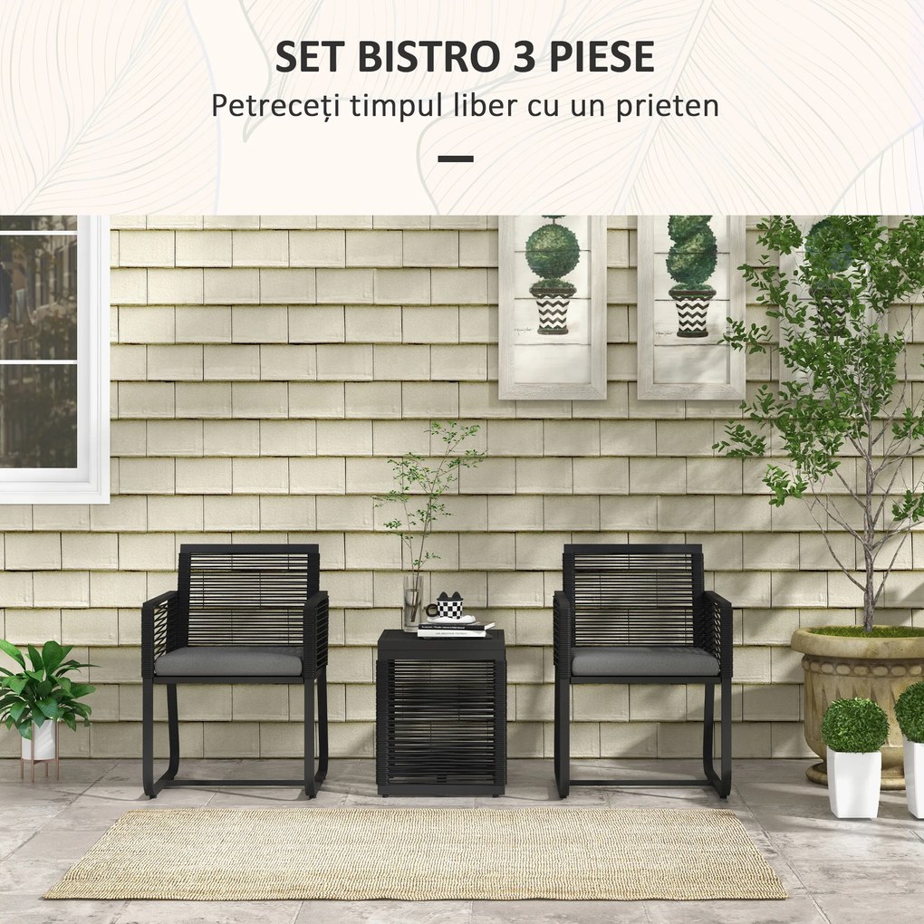 Outsunny Set de Mobilier de Grădină din 3 Piese din Ratan, Set cu Masă din Sticlă Securizată și Perne Moi, 53x57x77 cm, Negru | Aosom Romania