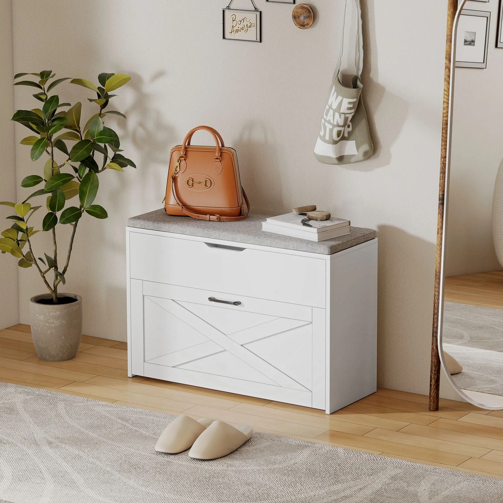 HOMCOM Bancă Pantofar de Intrare, Pantofar cu Săriță Capitonată Lavabilă, Antă Rabatabilă, Compartiment cu Închidere Lentă, Rafturi Reglabile, pentru 8 Perechi de Pantofi, Hol Coridor Cameră, Alb | Aosom Romania