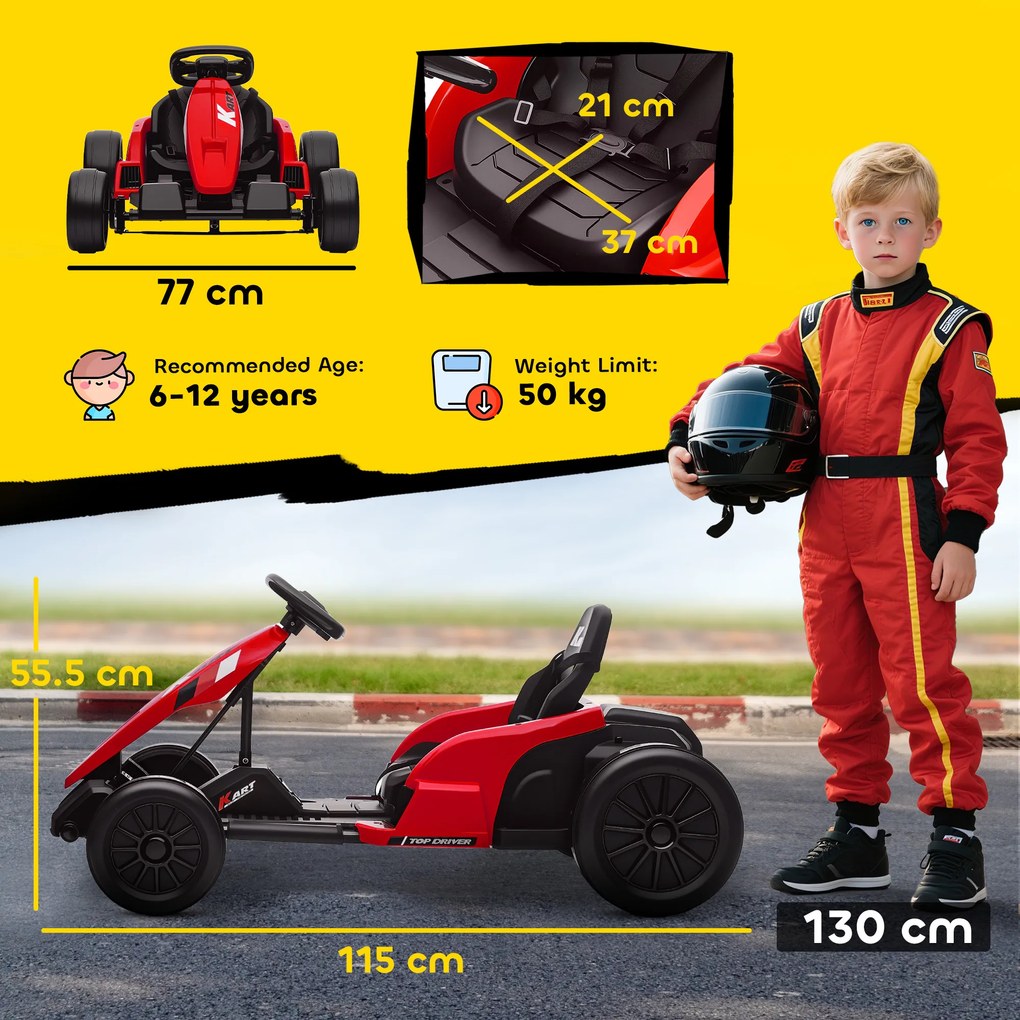 AIYAPLAY Go-Kart electric 24V, mod Drift, scaun reglabil, centură de siguranță în 5 puncte, funcție muzicală, claxon, 6-12 ani Roșu | Aosom Romania