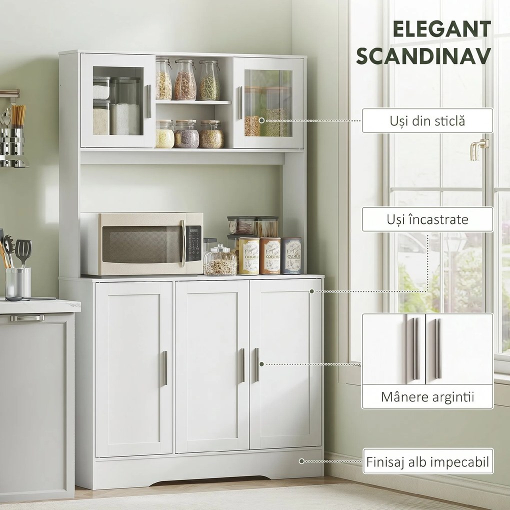 HOMCOM Dulap Bucătărie de 180cm, Dulap Înalt cu 4 Compartimente, Uși din Sticlă Securizată, 2 Rafturi Deschise, Rafturi Reglabile, Blat pentru Electrocasnice, pentru Bucătărie sau Living, Alb | Aosom Romania