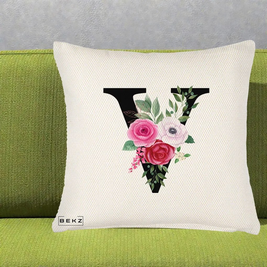 Cadou Personalizat - Perna Personalizata Monograma Florala Litera V cu Buchet, 40x40 cm, Crem Reliefat, Husa Detasabila, Perna Inclusa, BEKZ®