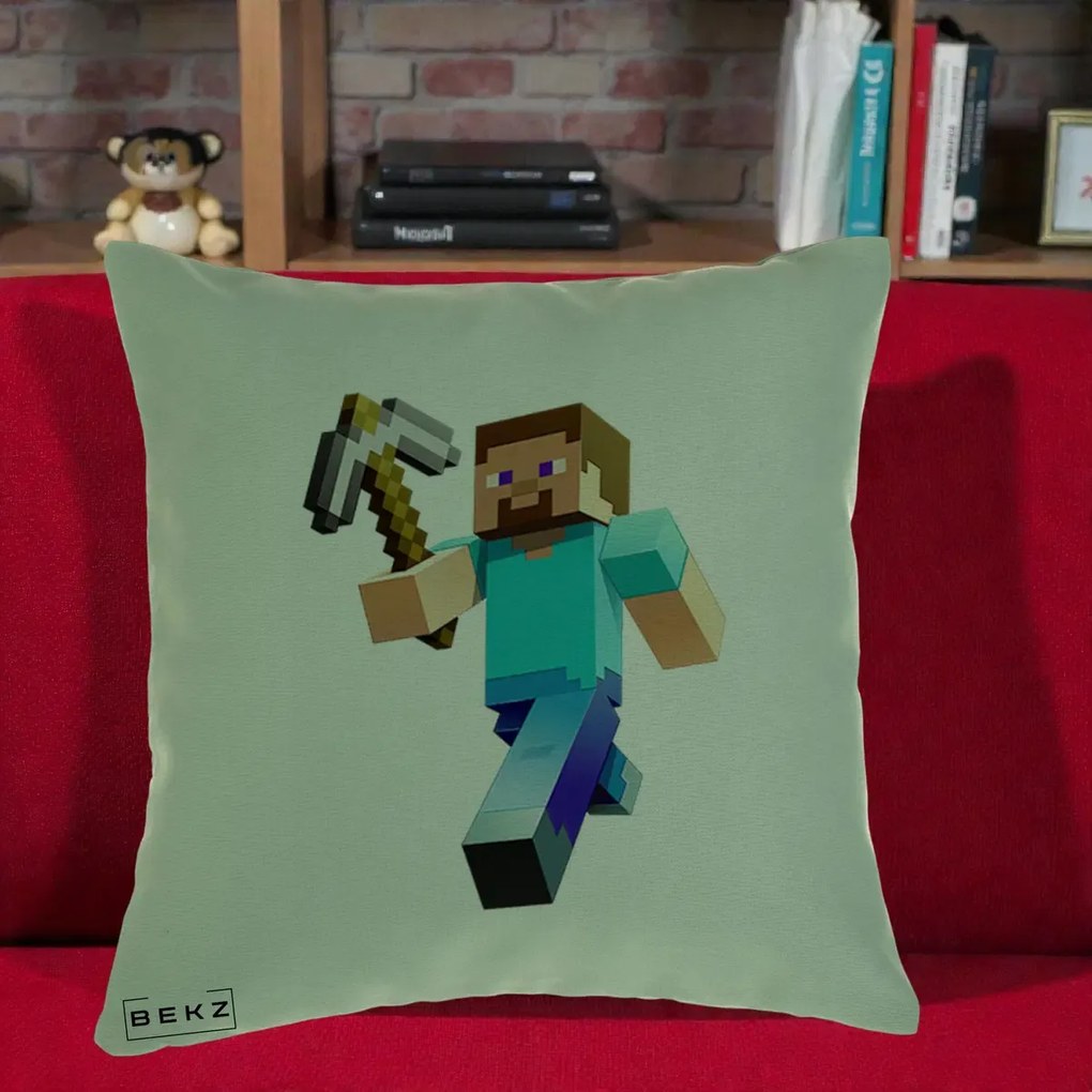Perna Personalizata Minecraft Steve cu Tarnacop, 40x40 cm, Verde, Husa Detasabila, Perna Inclusa, BEKZ®