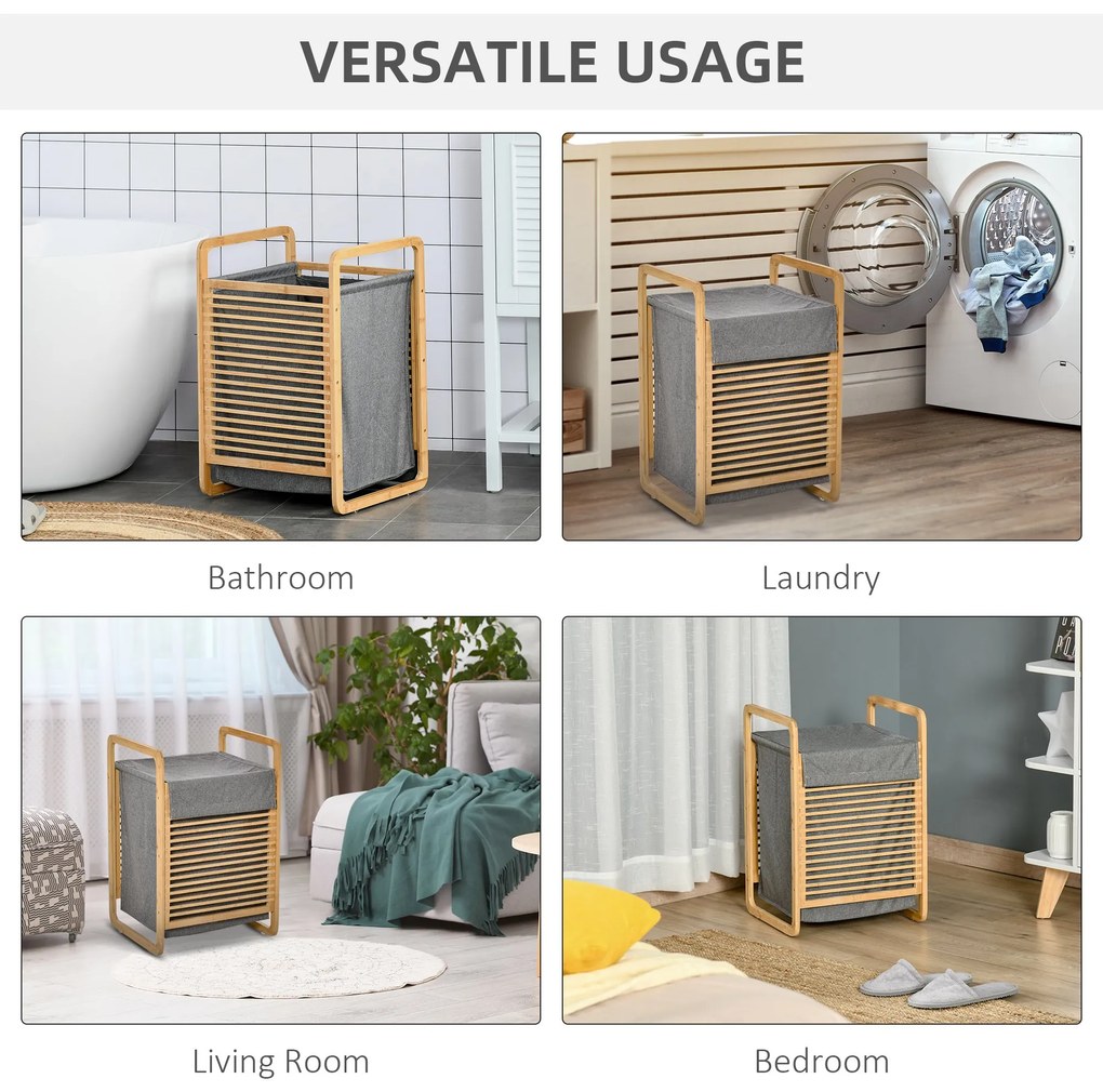 HOMCOM Coș de Rufe Stil Nordic, Mobilier Baie din Bambus și Pânză, Sac Detașabil, 40x35.5x60.5cm, Lemn și Gri | Aosom Romania