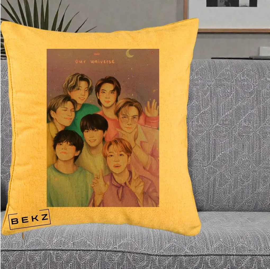 Perna Personalizata K-pop BTS Our Universe Fanart Violet Pastel, 40x40 cm, Galben, Husa Detasabila, Perna Inclusa, BEKZ®
