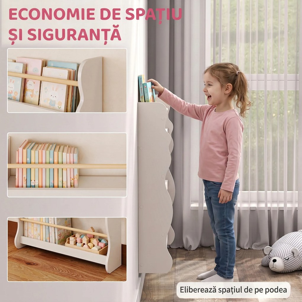 AIYAPLAY Bibliotecă Montessori pentru Copii 3-8 Ani, 3 Rafturi, 60x15x73 cm, pentru Cameră, Alb | Aosom Romania