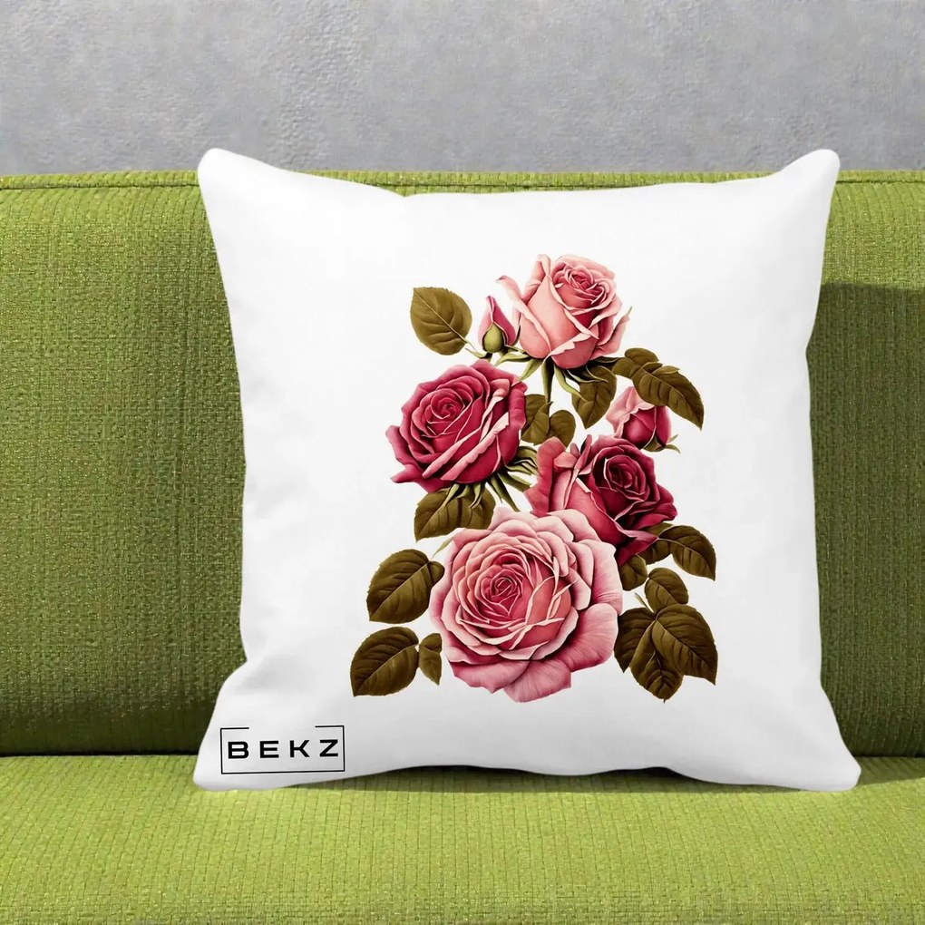 Perna decorativa cu flori: Trandafiri Vintage Roz-Rosii, 40x40 cm cu Umplutura, Alb Mat, BEKZ