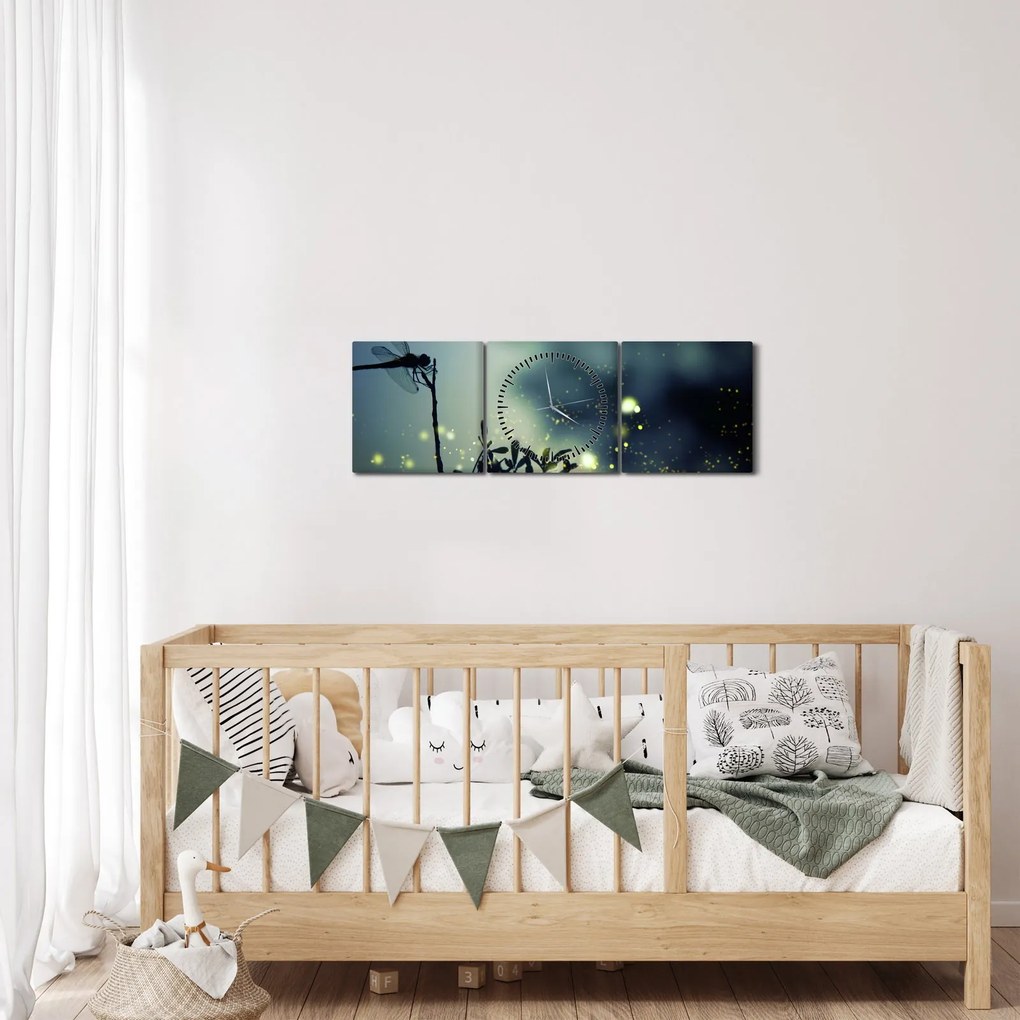 Tablou - Libelula în noaptea strălucitoare (cu ceas) (90x30 cm)