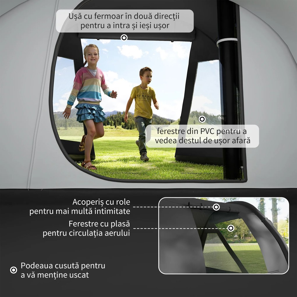 Outsunny Cort Tunel pentru 3-4 Persoane, Cort de Camping cu Doua Camere, cu Ferestre si Obloane, Geanta de Transport Portabila, pentru Pescuit, Drumetii, Sport, Festival, Negru | Aosom Romania