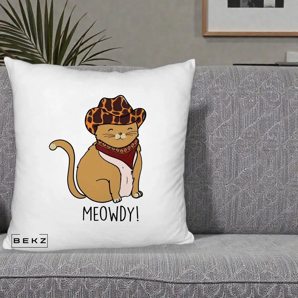 Perna Decorativa Pisica Cowboy Meowdy, 40x40 cm, Alb Pufos, Husa Detasabila, Perna Inclusa, BEKZ®