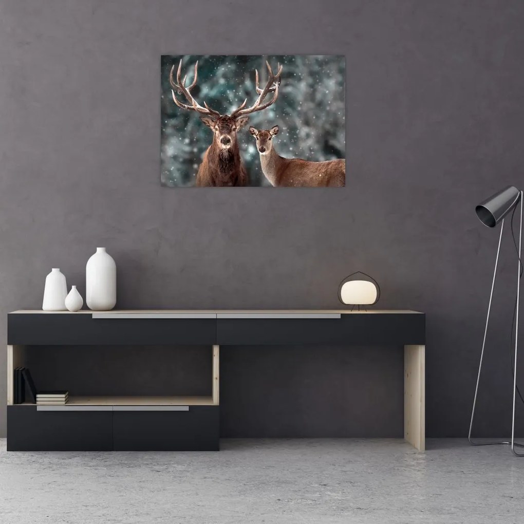 Tablou pe sticlă - Cerb și căprioare în pădurea înzăpezită (70x50 cm)