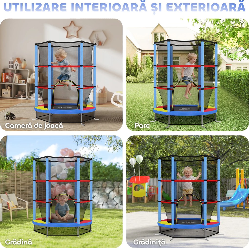 HOMCOM Saltea Elastică pentru Copii 3-6 Ani cu Plasă de Protecție, 6 Stâlpi și 3 Intrări, Ø140x190 cm, Multicolor | Aosom Romania