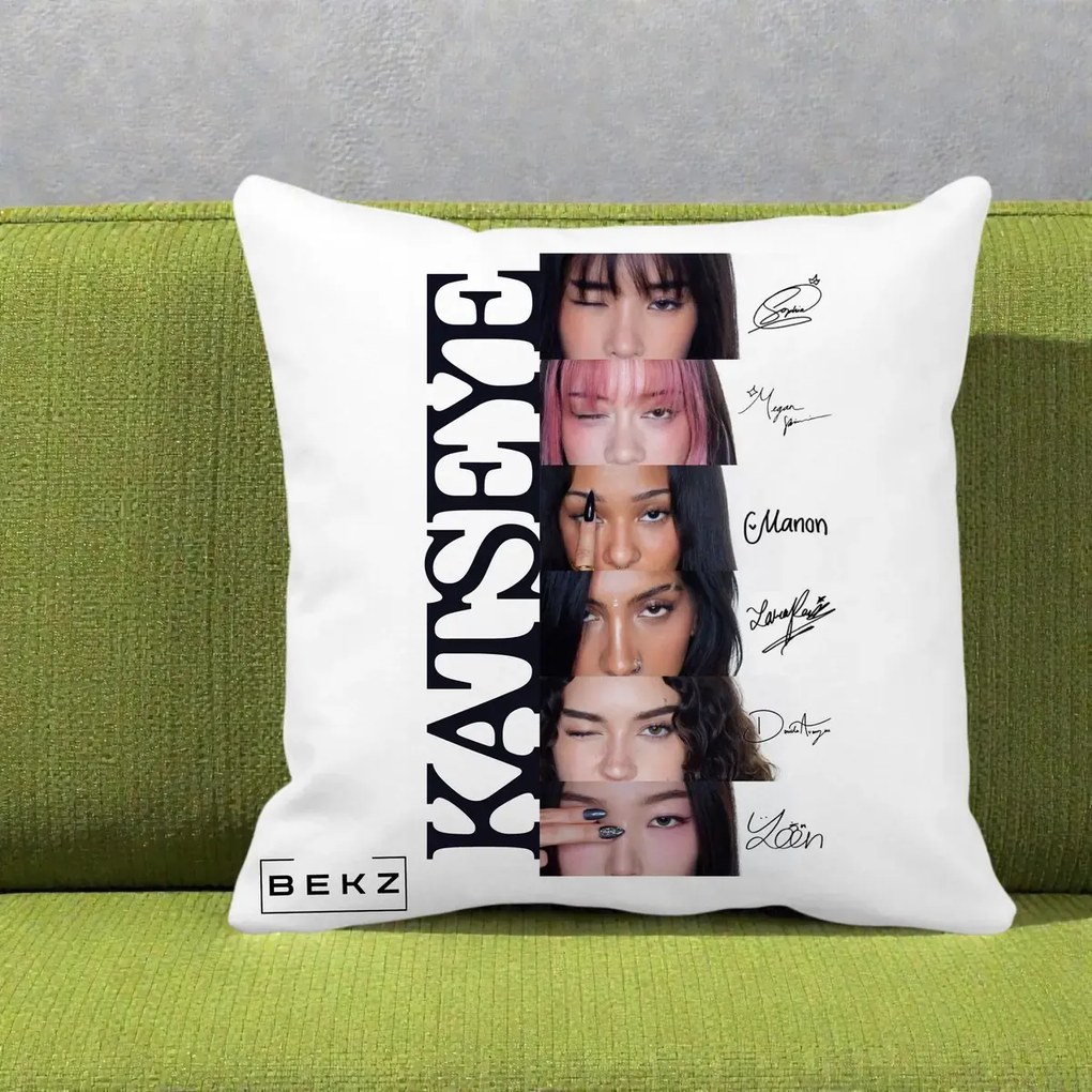 Perna Personalizata K-pop KATSEYE Semnaturi Membre Foto, 40x40 cm, Alba Mata, Husa Detasabila, Perna Inclusa, BEKZ®