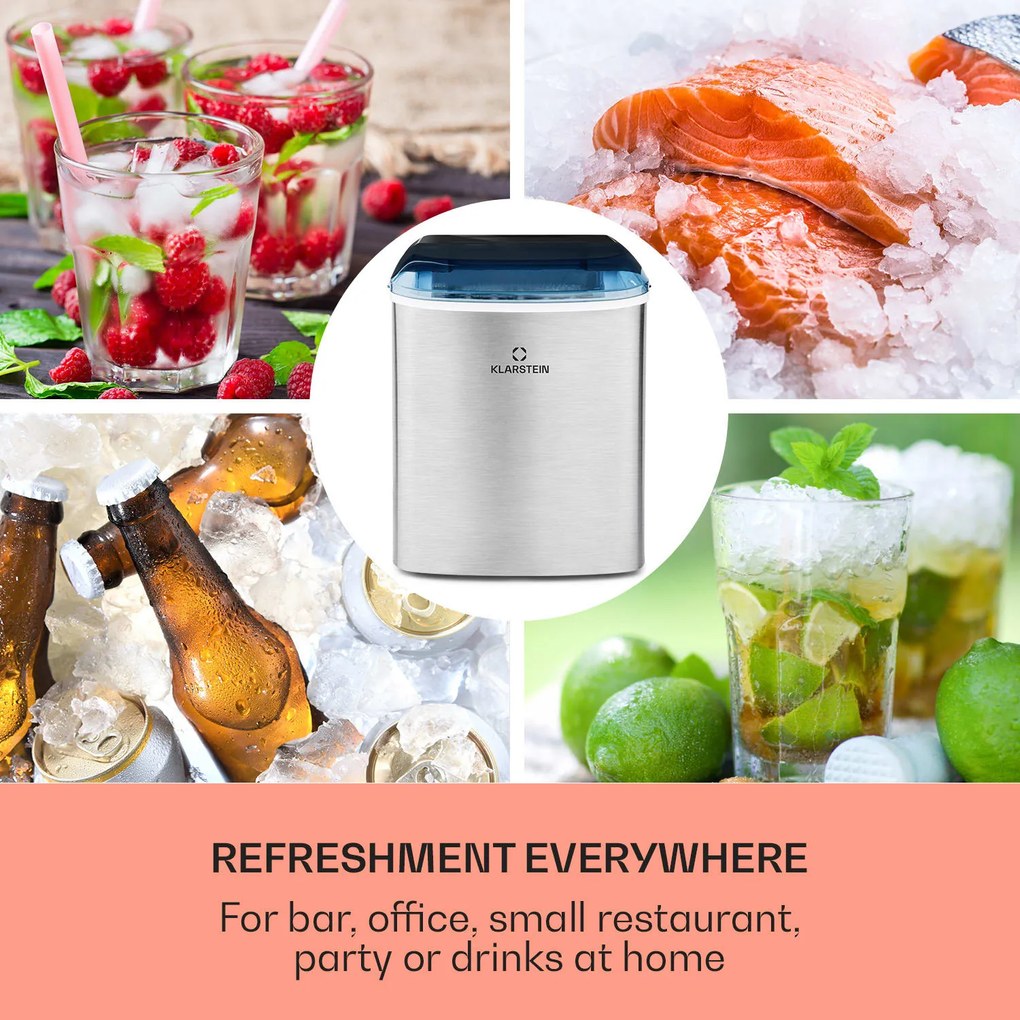 Klarstein ON-THE-ROCKS, aparat de gheață, LED-uri, | 12 kg la fiecare 24 de ore | 2,1 L | Oțel inoxidabil, culoare neagră
