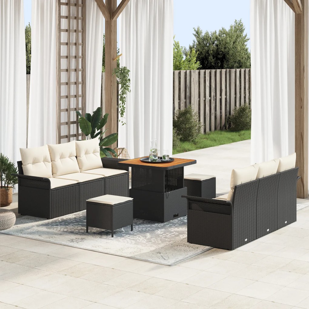 vidaXL Set de canapele de grădină , 9 piese cu perne, din rattan negru, acacia
