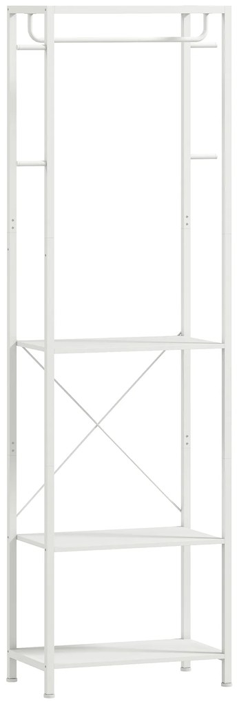 HOMCOM Cuiere de Intrare cu Suport pentru Încălțăminte, Bară pentru Haine, 4 Cârlige, Raft Superior și 2 Rafturi pentru Încălțăminte, 52x30x180 cm, Alb | Aosom Romania