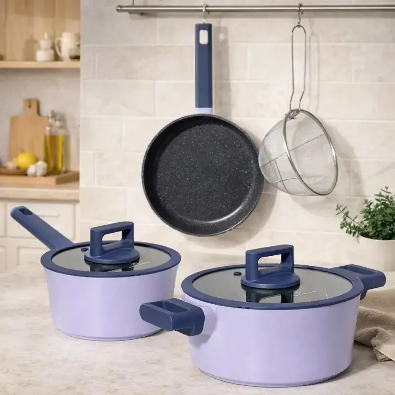 Set de cratite, cos de prajit si tigaie Just Perfecto JL-330, 6 piese, Acoperire din marmura, Inductie, Capac din sticla cu orificiu pentru abur, Violet/albastru