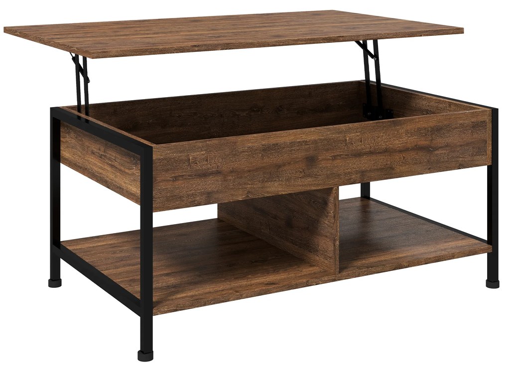 HOMCOM Masă de cafea ridicabilă masă de salon cu compartiment ascuns și 2 rafturi inferioare 100 x 80 x 60 cm maro rustic negru | Aosom Romania