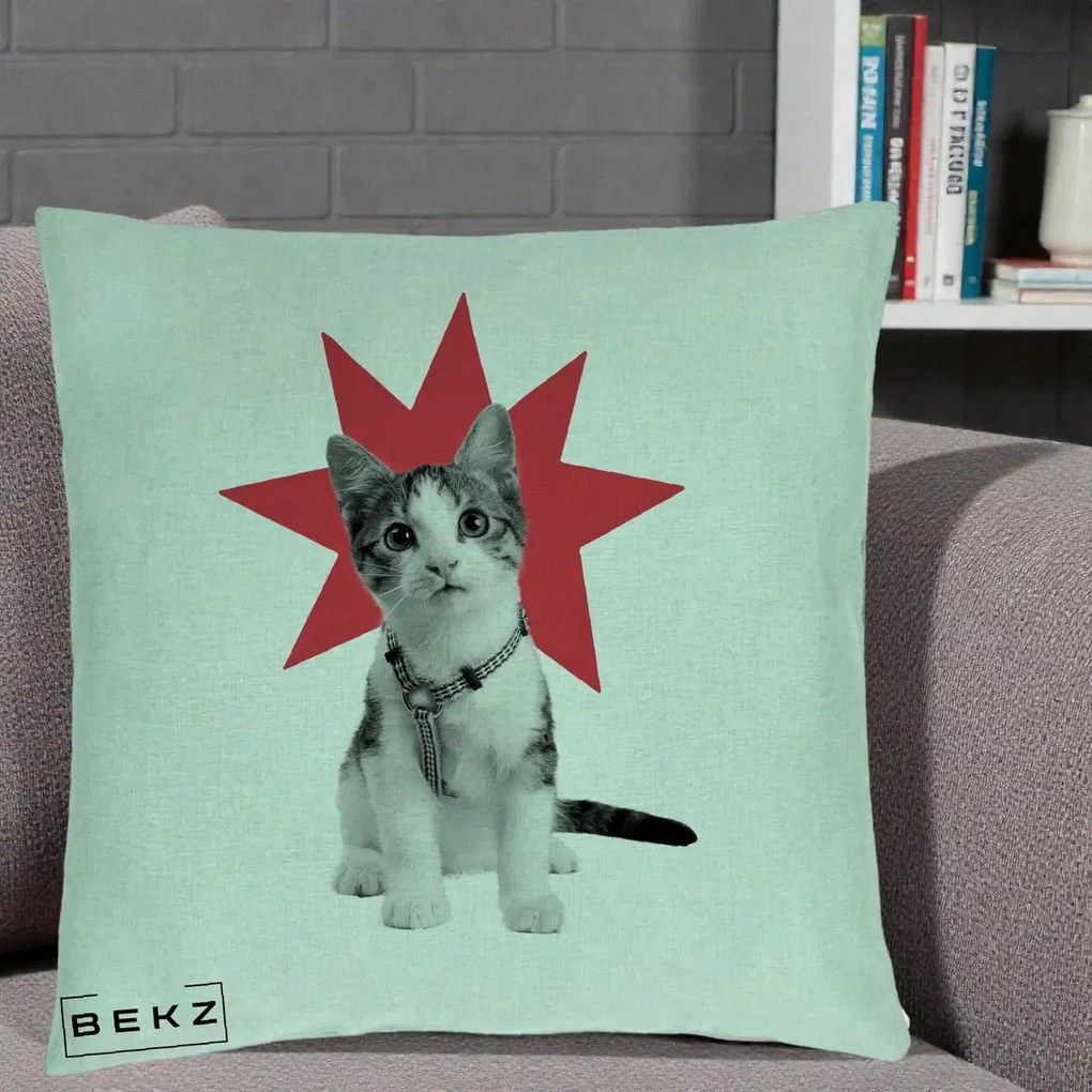 Perna Decorativa Pisica Star Pop Art, 40x40 cm, Verde Menta, Husa Detasabila, Perna Inclusa, BEKZ®