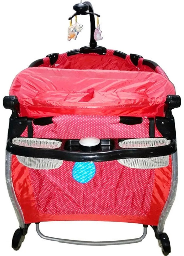 Patut Pliant rotund cu balansoar, Tarc copii Baby Care™ ROUND NEST, Pliabil pe 2 Niveluri cu muzica si Masa infasat, Jucarie Carusel cu jucarii din