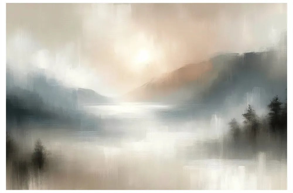 Tablou munți cețoși și lac