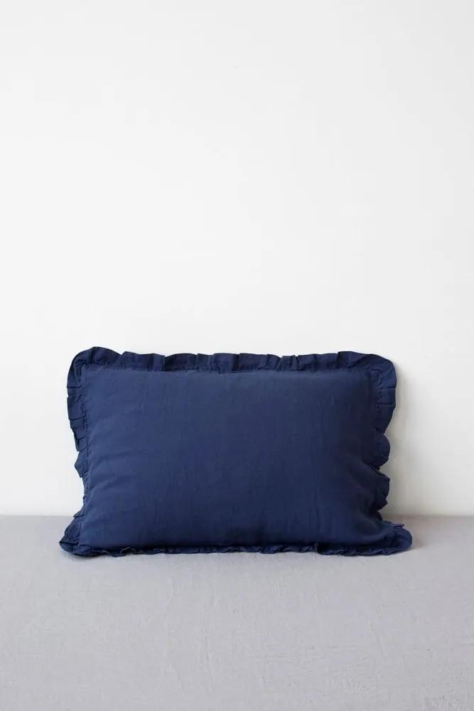 Față de pernă din in cu tiv plisat Linen Tales, 50 x 60 cm, albastru marin