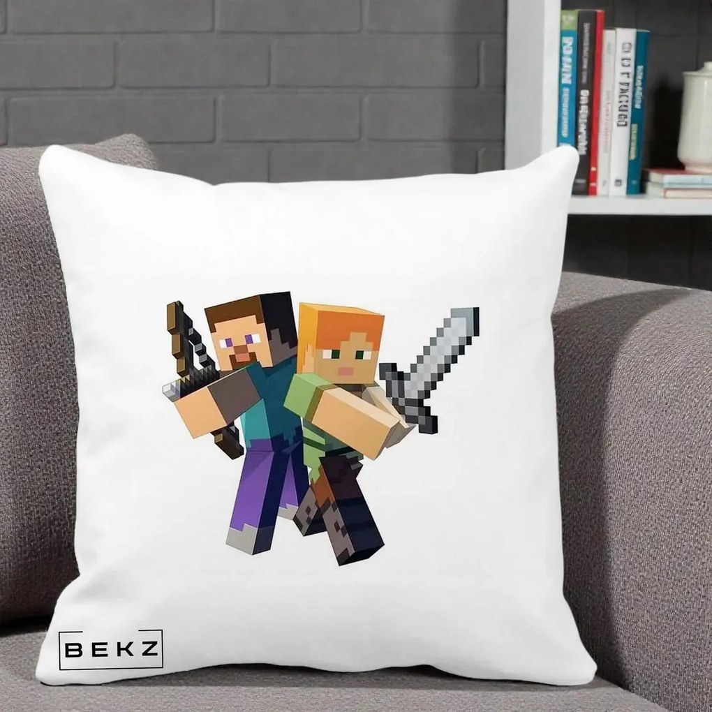 Perna Personalizata Minecraft Steve si Alex, 40x40 cm, Alba Mata, Husa Detasabila, Perna Inclusa, BEKZ®