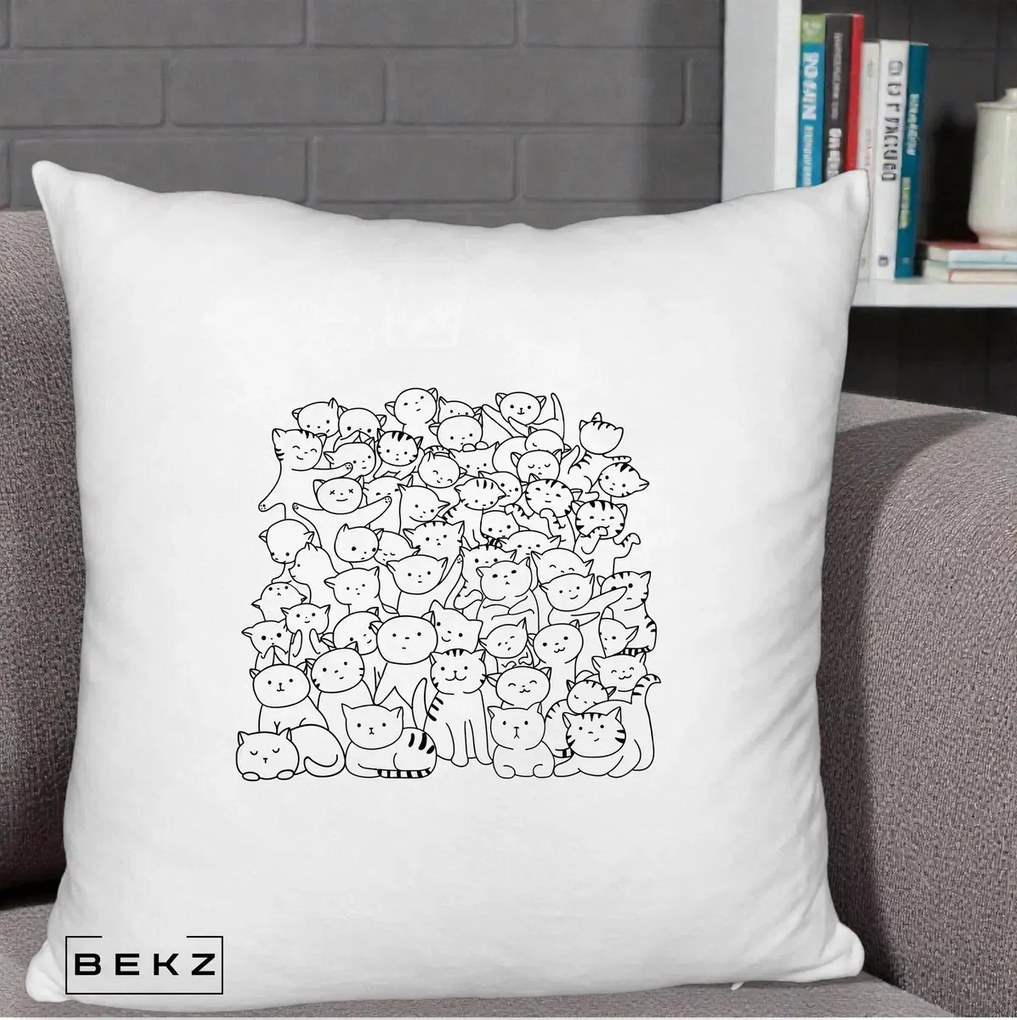 Perna Personalizata Many Cats Pattern Alb-Negru, 40x40 cm, Alb Pufos, Husa Detasabila, Perna Inclusa, BEKZ®
