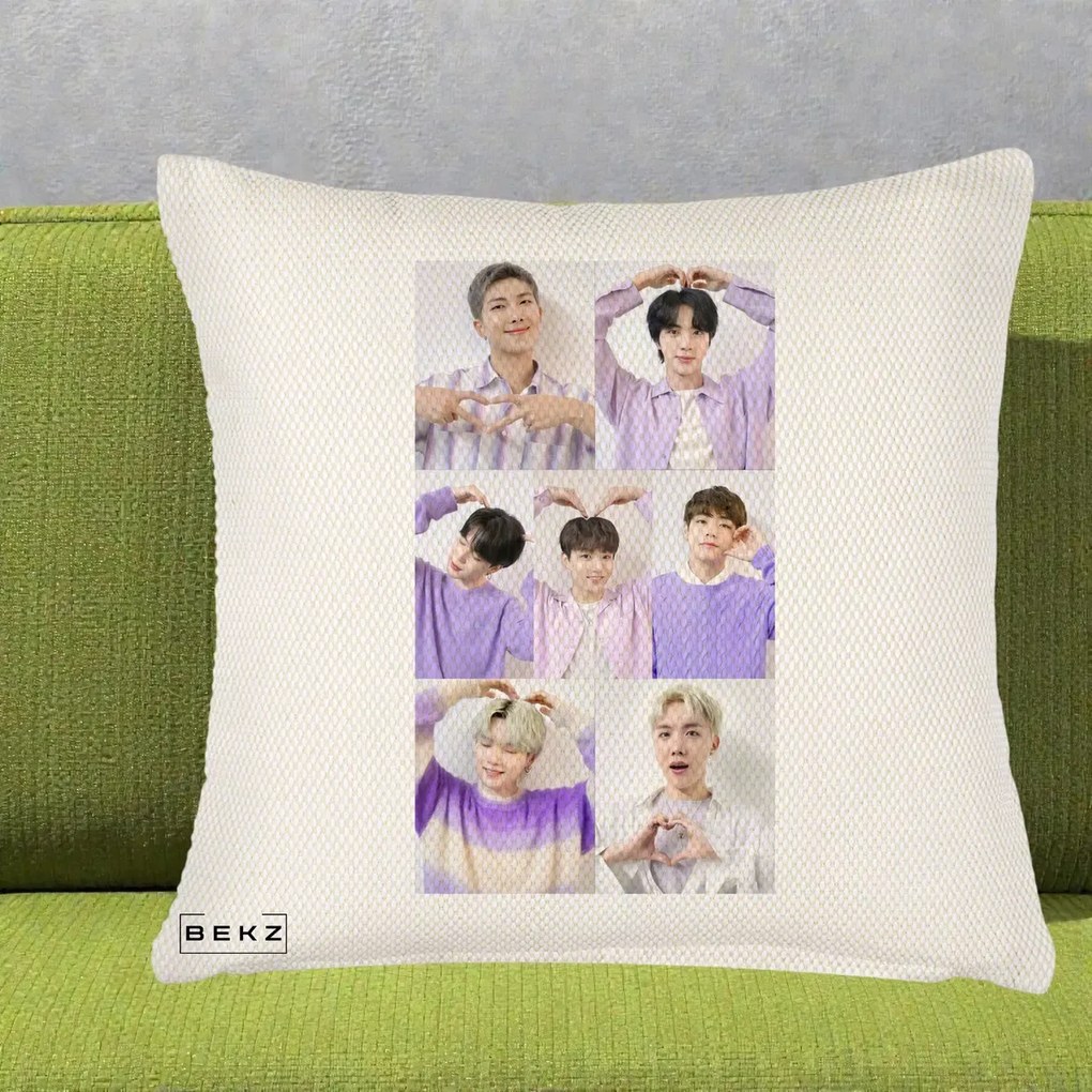Perna Personalizata K-pop BTS Colaj 7 Portrete cu Inimi Lila, 40x40 cm, Crem Reliefat, Husa Detasabila, Perna Inclusa, BEKZ®