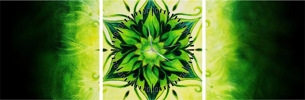 Tablou - Mandala de flori, fundal verde (cu ceas) (90x30 cm)