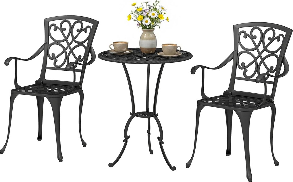 Outsunny Set bistro de grădină 3 piese masă bistro rotundă cu 2 scaune orificiu pentru umbrelă, antic din aluminiu turnat | Aosom Romania