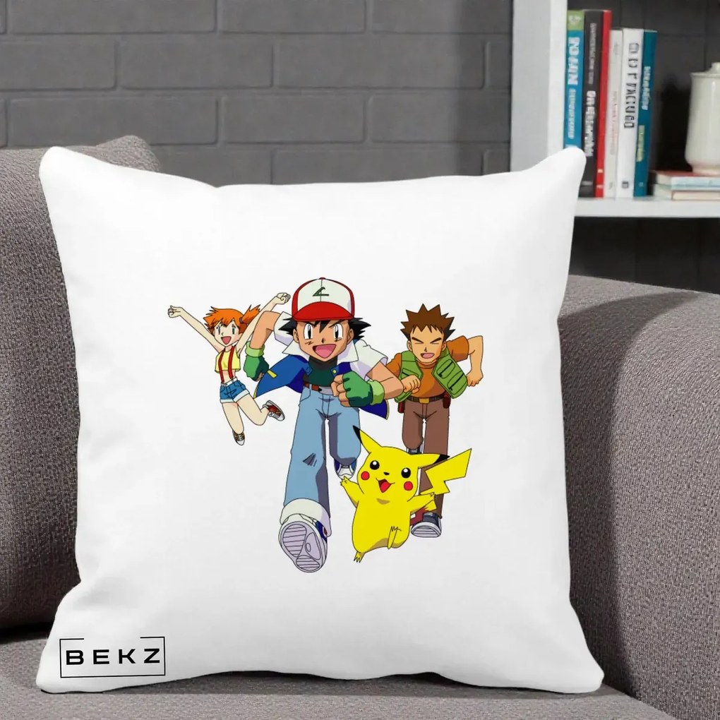 Perna Personalizata Pokemon Ash Misty Brock si Pikachu, 40x40 cm, Alba Mata, Husa Detasabila, Perna Inclusa, BEKZ®