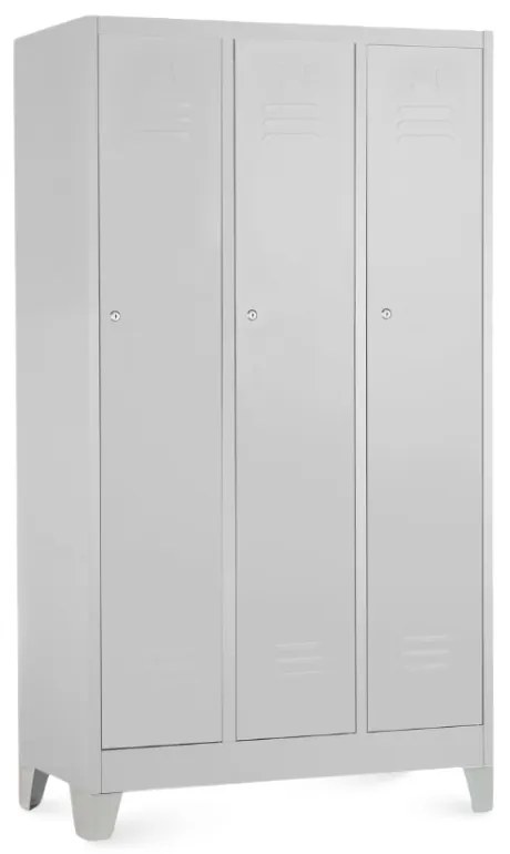Dulap metalic - 3 compartimente, 90 x 50 x 160 cm, picioare fixe, încuietoare cilindrică, gri deschis - ral 7035