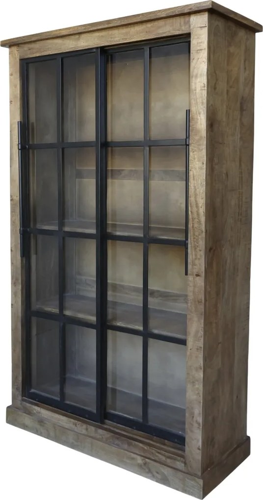 Vitrină natur din lemn de mango și metal cu 2 uși glisante vitrate 110x45x190 cm, „Paris"
