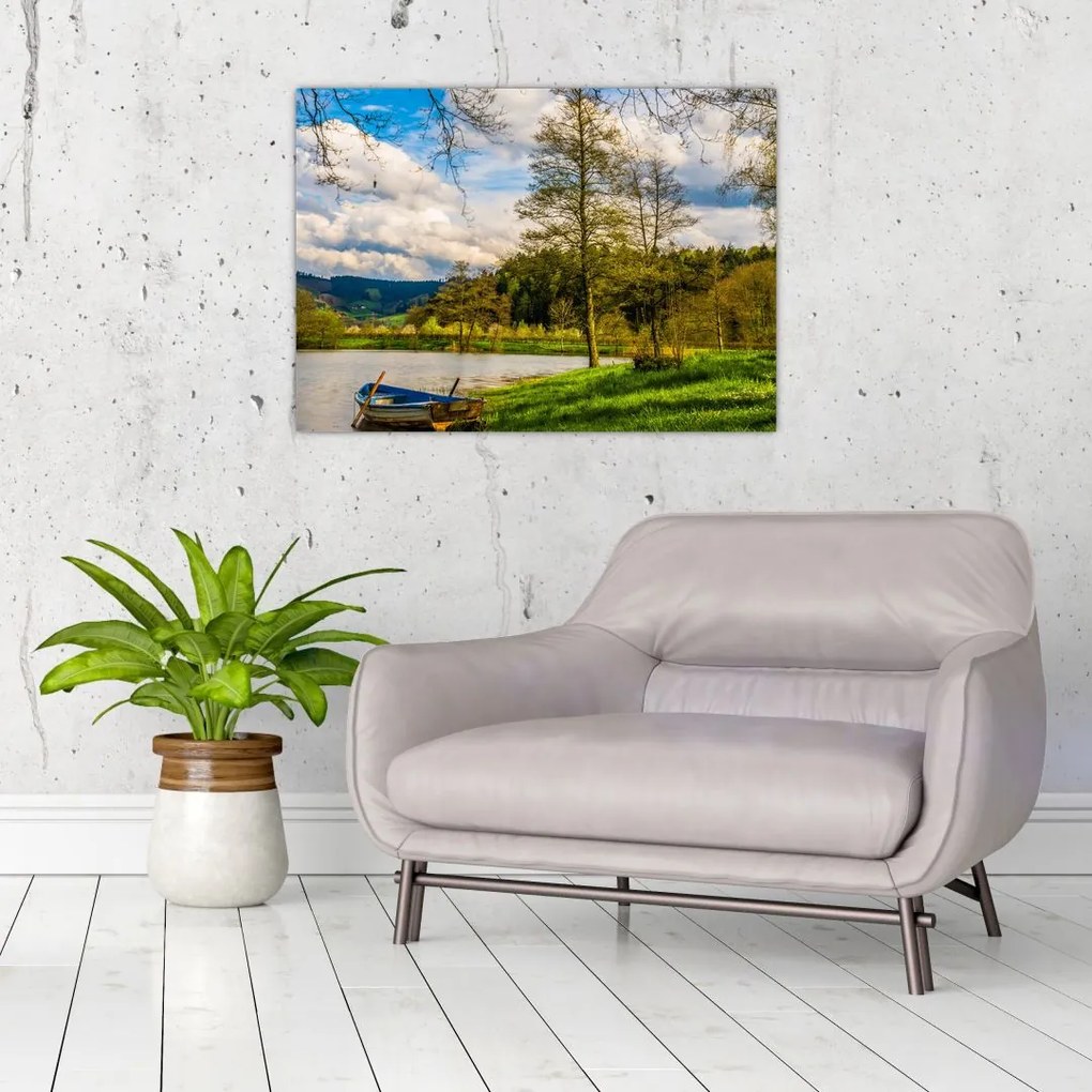 Tablou pe sticlă - Barcă pe lac (70x50 cm)