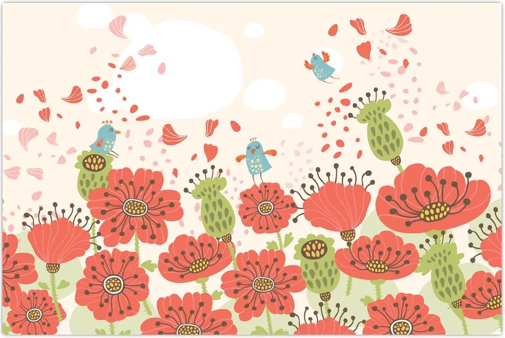 Tablou - Păsări pe o pajiște înflorită (90x60 cm)