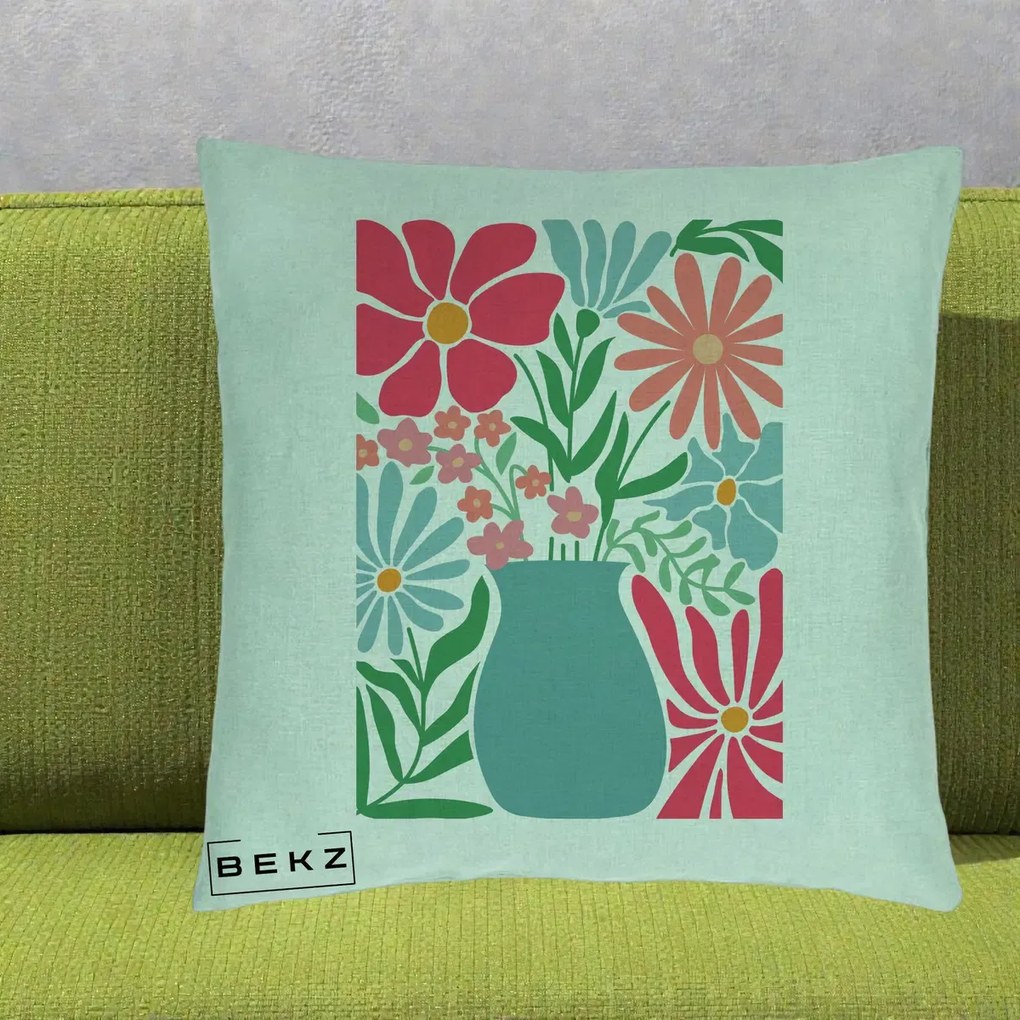 Perna Decorativa Flori in Vaza Turcoaz, 40x40 cm, Verde Menta, Husa Detasabila, Perna Inclusa, BEKZ®