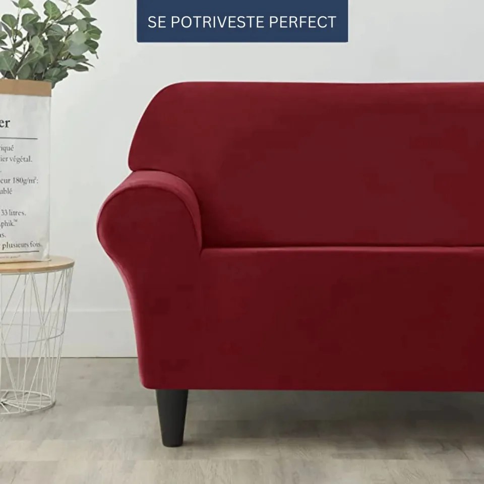 Set huse elastice din catifea pentru canapea 3 locuri + 2 fotolii, cu brate, rosu, HCCJS-11