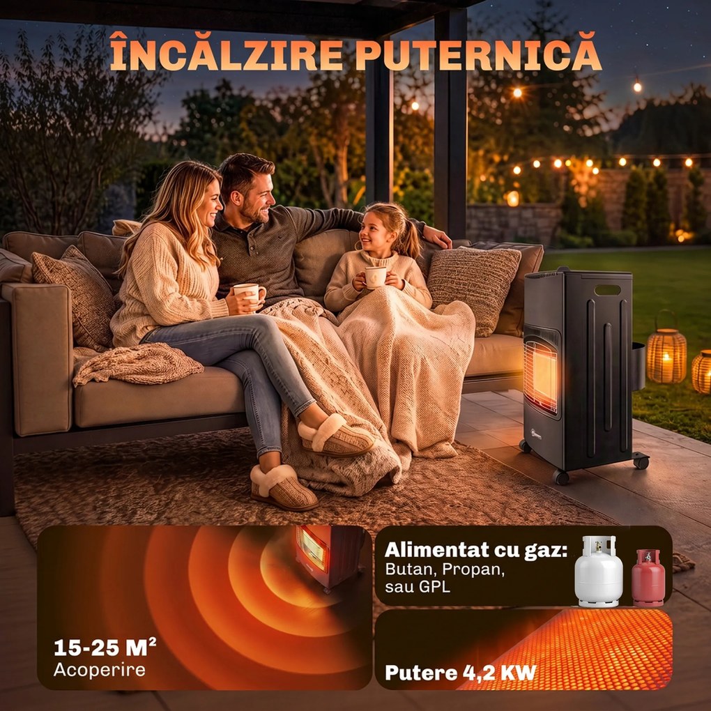 Outsunny Sobă pe Gaz 4,2 kW, 3 Trepte de Căldură, ODS, Oprire la Stingerea Flăcării, Anti-răsturnare | Aosom Romania