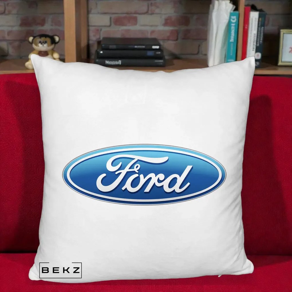Perna Personalizata cu emblema Ford, 40x40 cm, Alb Pufos, Husa Detasabila, Perna Inclusa, BEKZ®