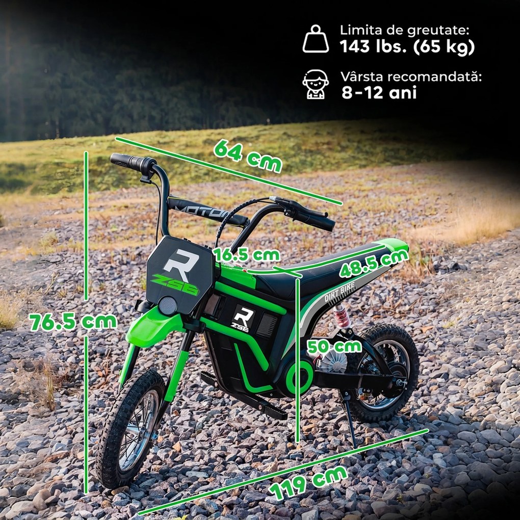 HOMCOM Motocicletă Electrică pentru Copii cu Accelerație Manuală, 2 Viteze, 8-16 km/h, Vârsta 8-12 Ani, Verde | Aosom Romania