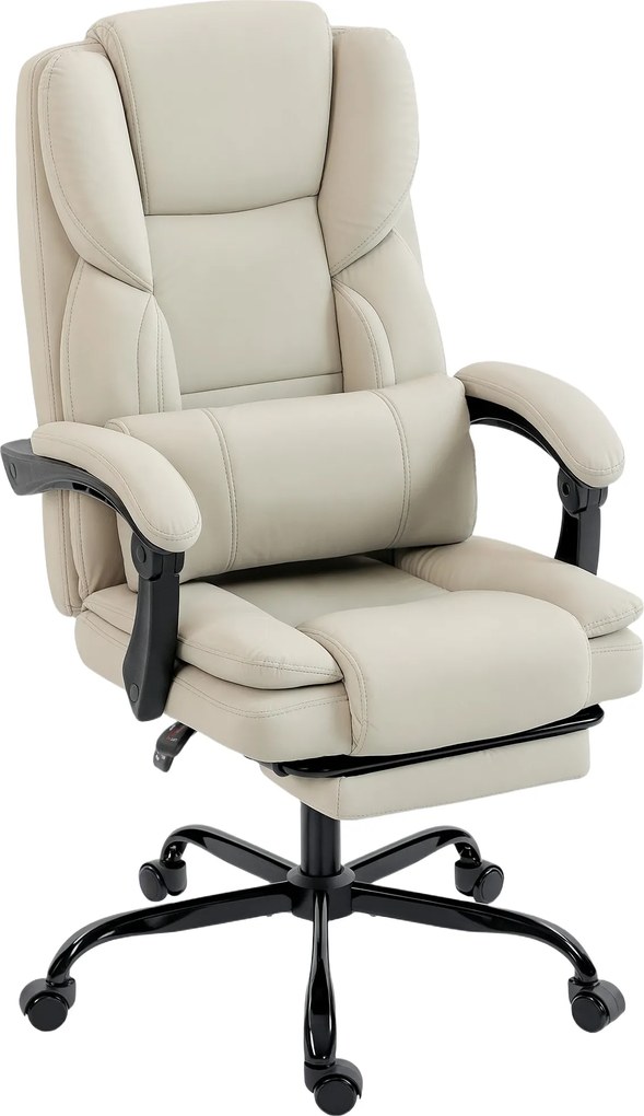 HOMCOM Scaun de birou cu tapiţerie din piele ecologică prietenoasă cu animalele, suport pentru picioare, reglabil pe înălţime, pe roţi, Bej | Aosom Romania