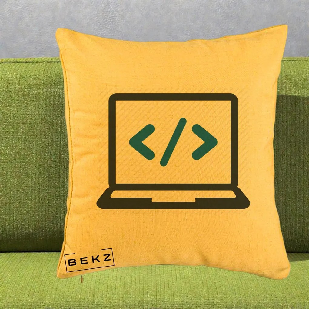 Perna Personalizata Laptop Cod HTML, 40x40 cm, Galben, Husa Detasabila, Perna Inclusa, BEKZ®