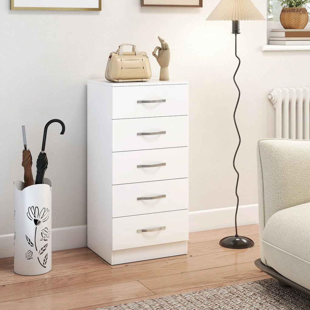 HOMCOM Comodă cu 5 Sertare, Design Modern, Slim, cu Mânere Argintii, Ideală pentru Dormitor, Cameră, Hol sau Living, Dimensiuni 40x35x85 cm, Alb | Aosom Romania
