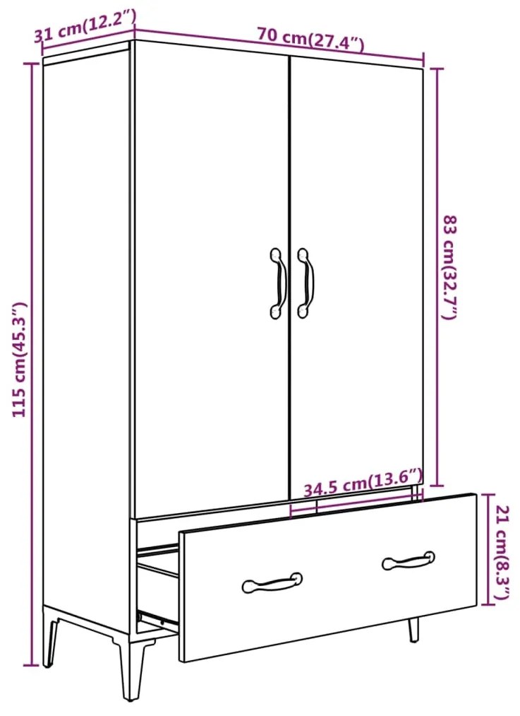 Dulap inalt, stejar fumuriu, 70x31x115 cm, lemn prelucrat 1, Stejar afumat